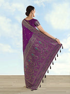 Monjolika Fashion Purple Banarasi Satin Silk Saree With Zari Border And Butti Work | Grocsy