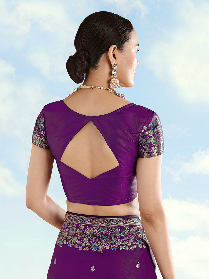 Monjolika Fashion Purple Banarasi Satin Silk Saree With Zari Border And Butti Work | Grocsy