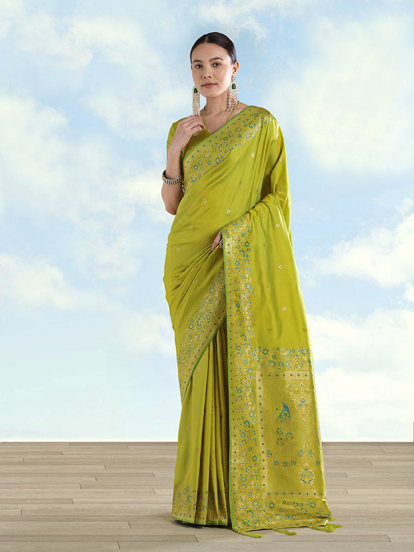 Monjolika Fashion Pear Banarasi Satin Silk Saree With Zari Border And Butti Work | Grocsy