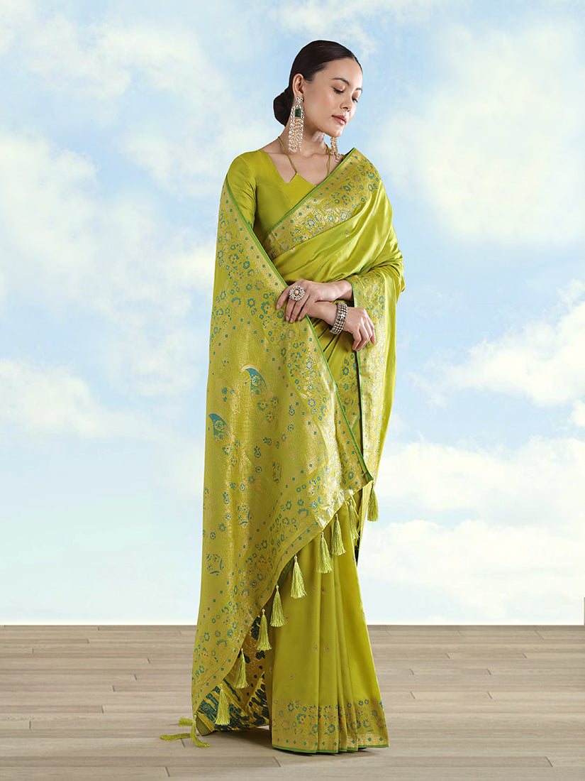 Monjolika Fashion Pear Banarasi Satin Silk Saree With Zari Border And Butti Work | Grocsy