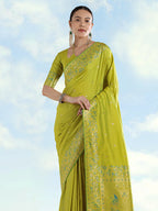 Monjolika Fashion Pear Banarasi Satin Silk Saree With Zari Border And Butti Work | Grocsy