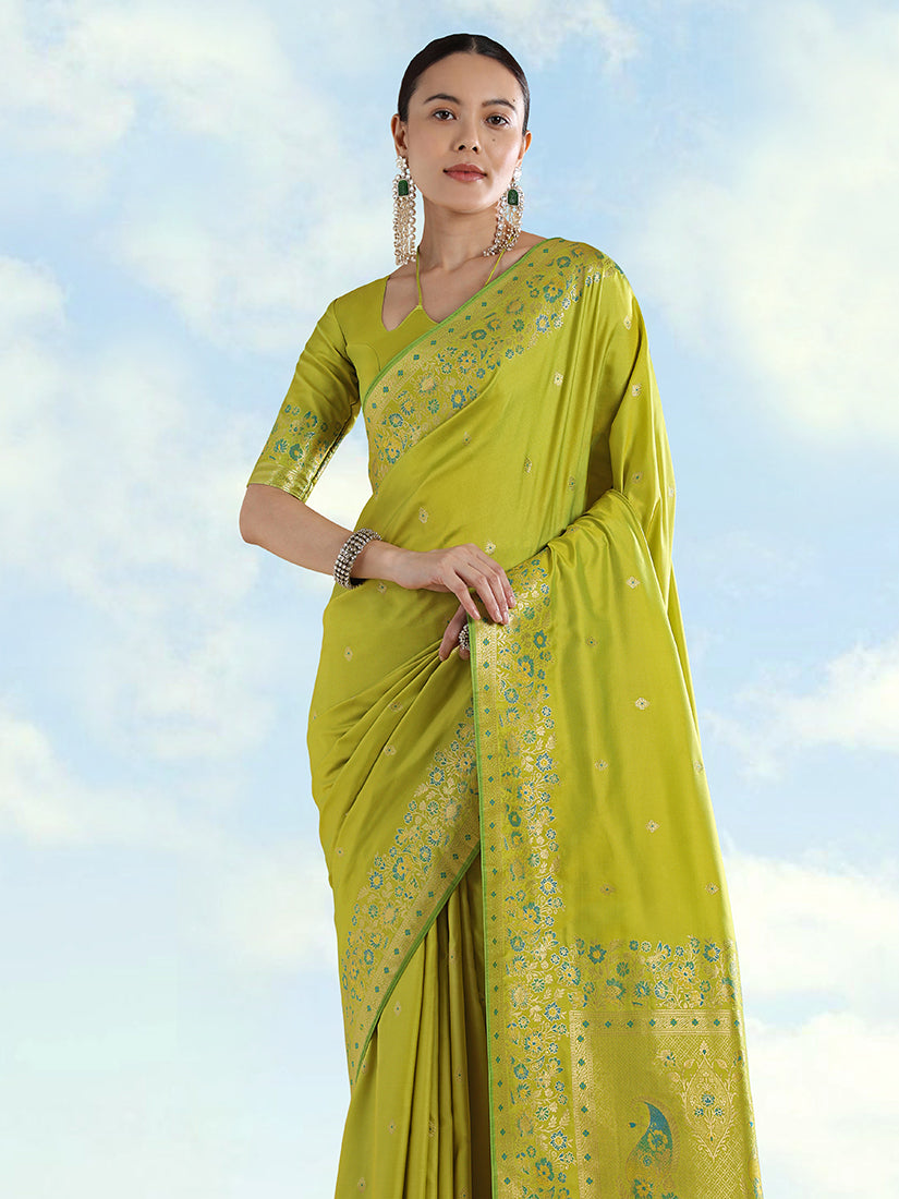 Monjolika Fashion Pear Banarasi Satin Silk Saree With Zari Border And Butti Work | Grocsy