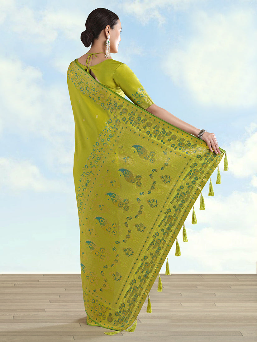 Monjolika Fashion Pear Banarasi Satin Silk Saree With Zari Border And Butti Work | Grocsy
