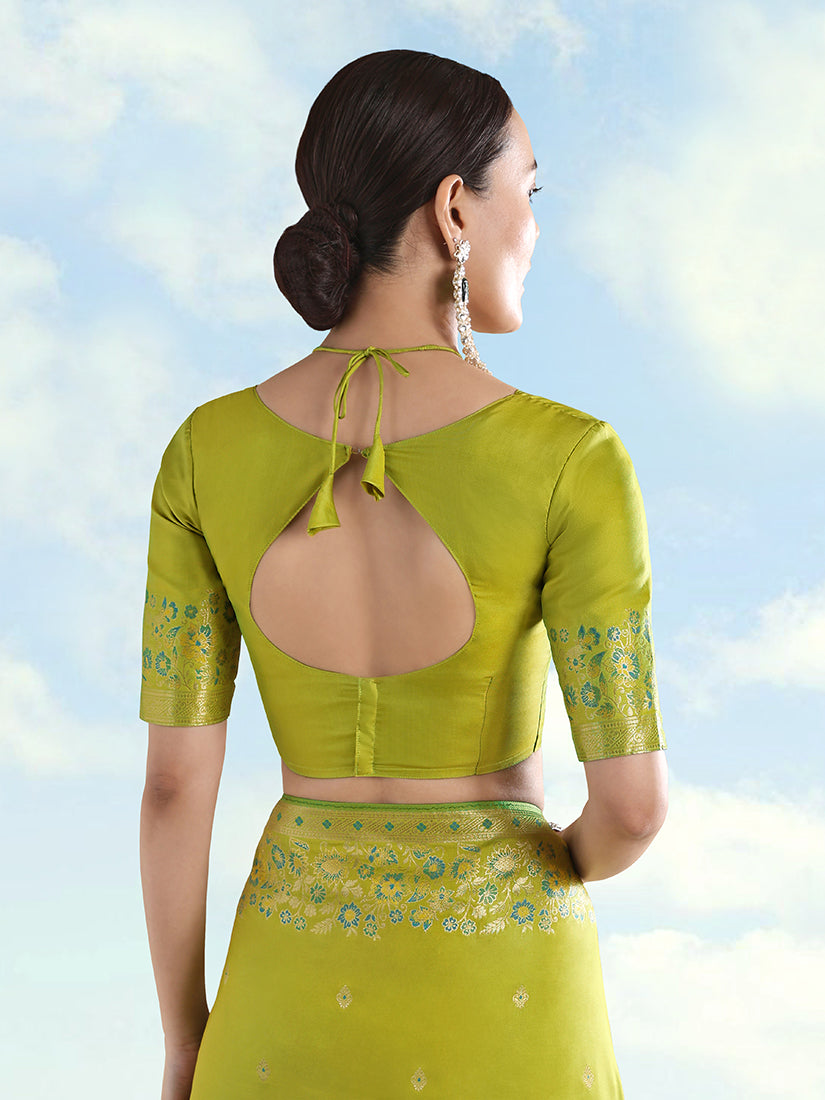 Monjolika Fashion Pear Banarasi Satin Silk Saree With Zari Border And Butti Work | Grocsy