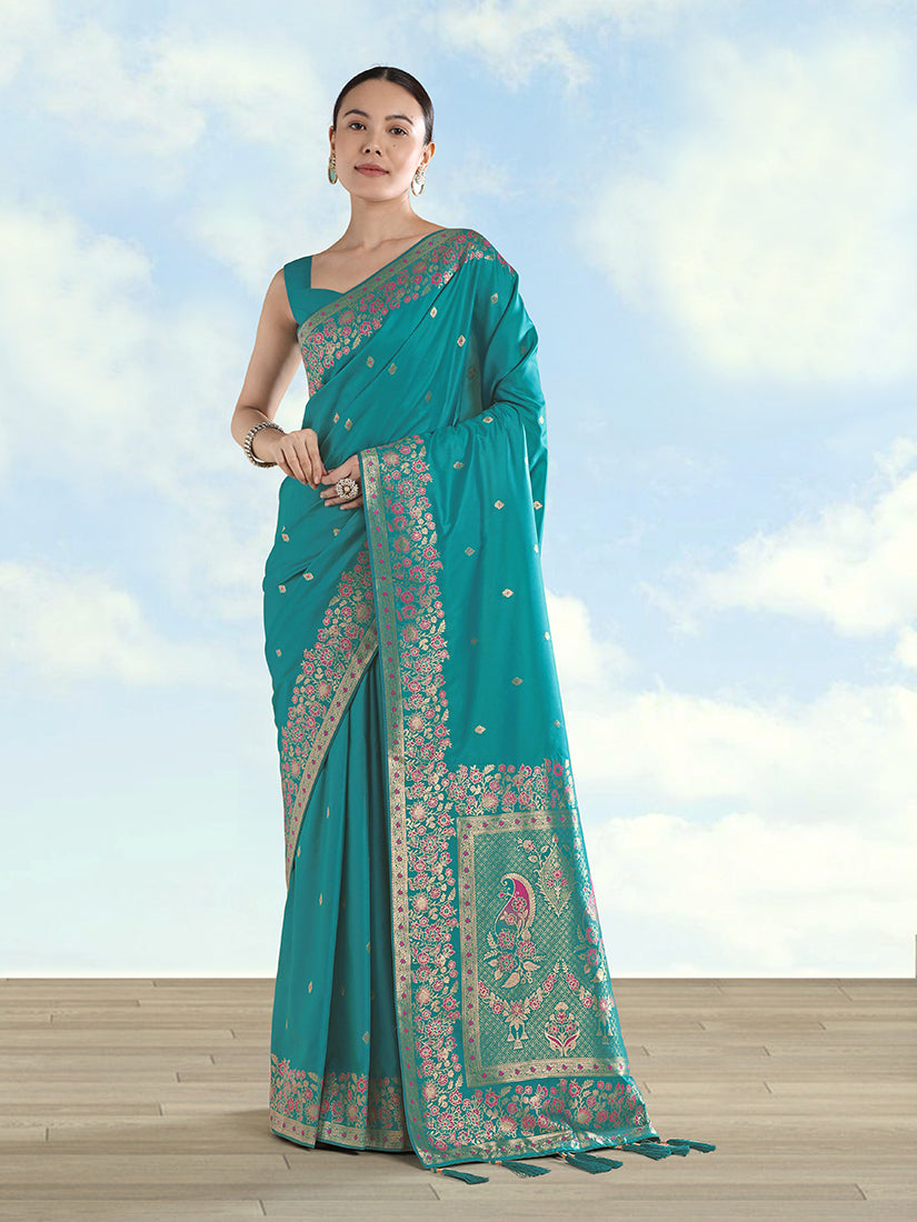 Monjolika Fashion Turquoise Banarasi Satin Silk Saree With Zari Border And Butti Work | Grocsy