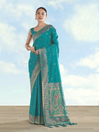 Monjolika Fashion Turquoise Banarasi Satin Silk Saree With Zari Border And Butti Work | Grocsy