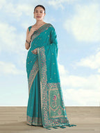 Monjolika Fashion Turquoise Banarasi Satin Silk Saree With Zari Border And Butti Work | Grocsy