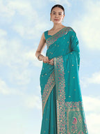 Monjolika Fashion Turquoise Banarasi Satin Silk Saree With Zari Border And Butti Work | Grocsy
