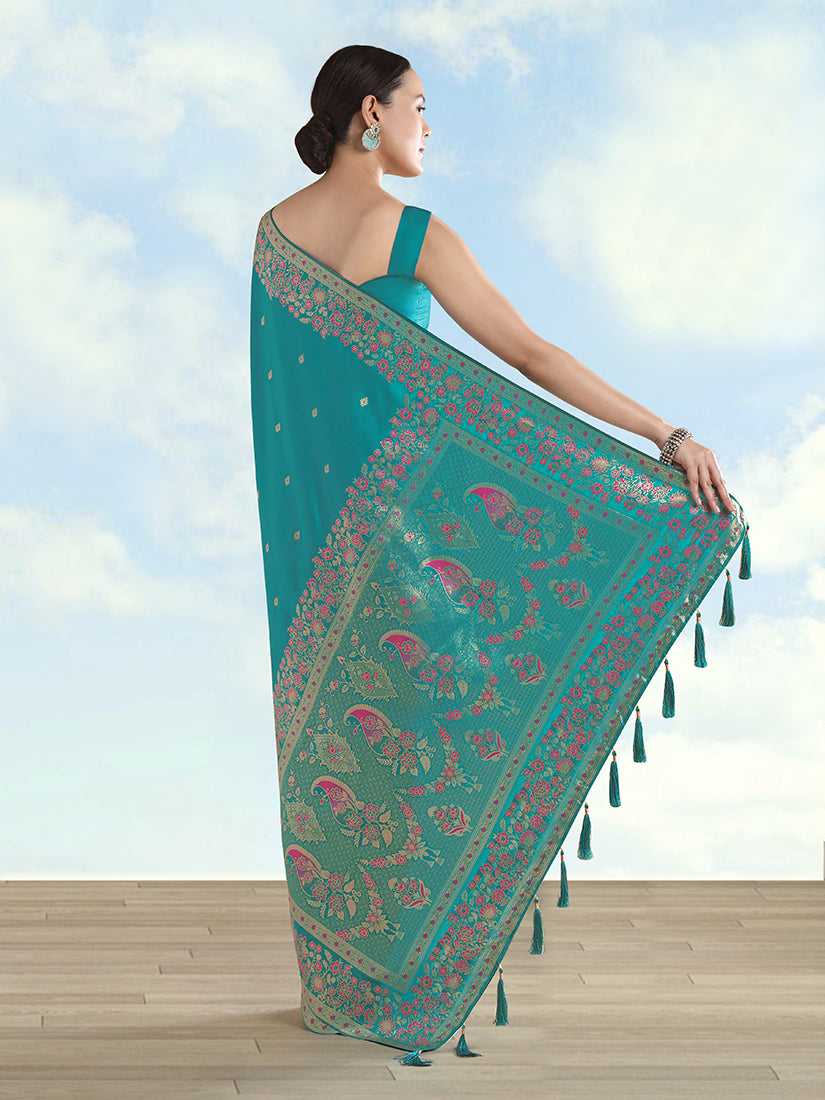 Monjolika Fashion Turquoise Banarasi Satin Silk Saree With Zari Border And Butti Work | Grocsy