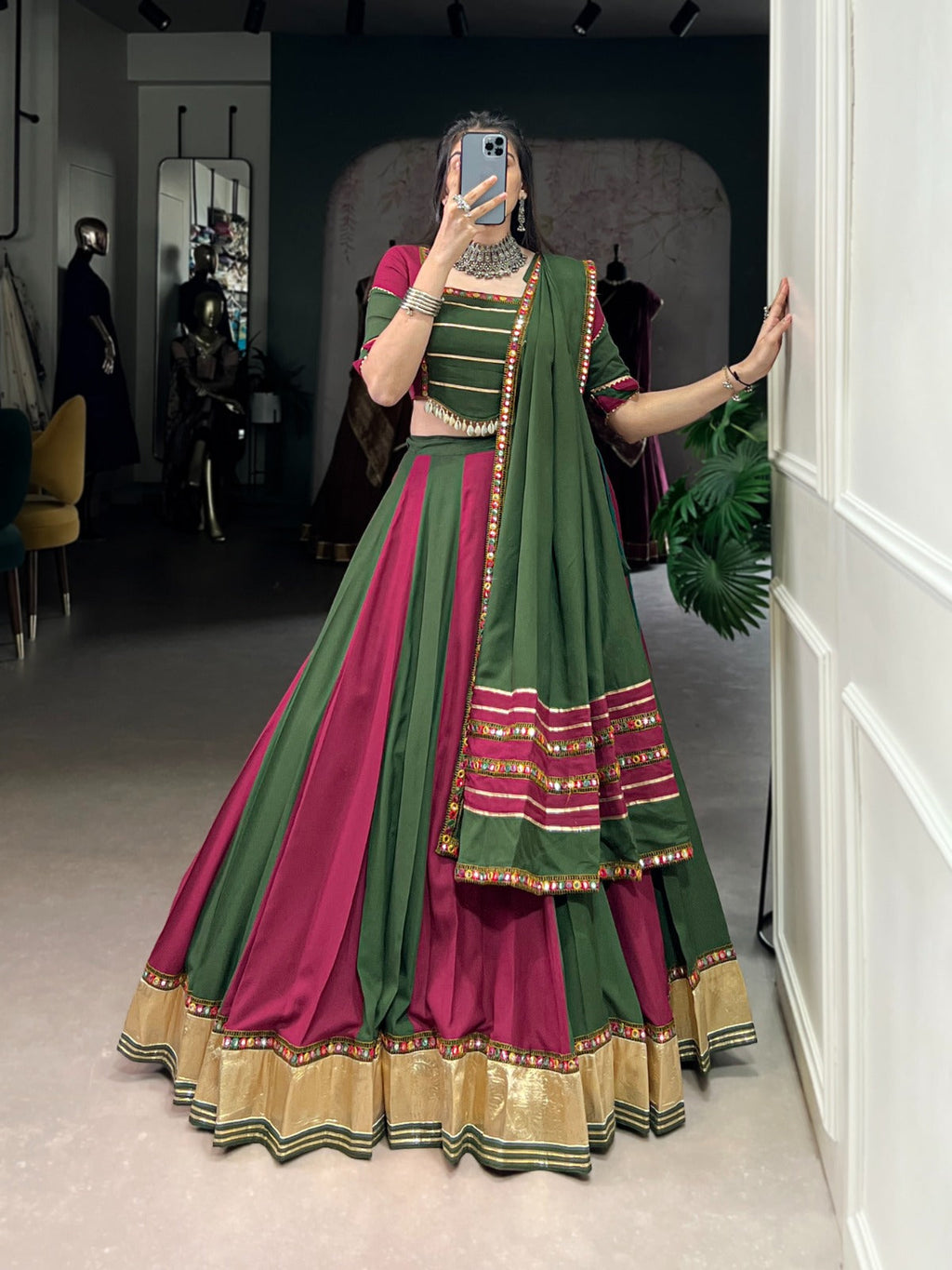 Lorenvalley Pure Rayon Embossed Design Lace With Gotta Patti And Peper Mirror Work Lace Touch Up Lehenga Choli with Dupatta | Grocsy