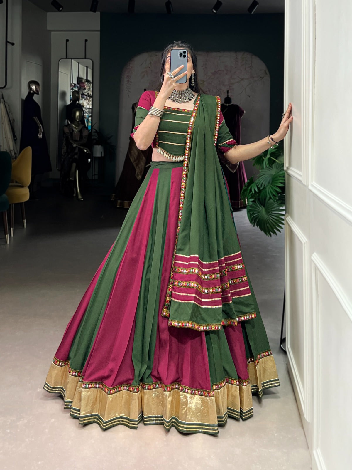 Lorenvalley Pure Rayon Embossed Design Lace With Gotta Patti And Peper Mirror Work Lace Touch Up Lehenga Choli with Dupatta | Grocsy