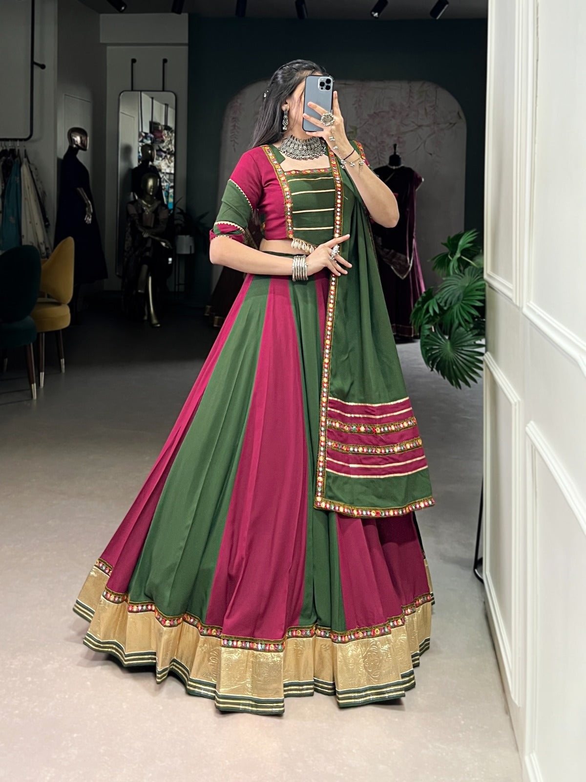 Lorenvalley Pure Rayon Embossed Design Lace With Gotta Patti And Peper Mirror Work Lace Touch Up Lehenga Choli with Dupatta | Grocsy