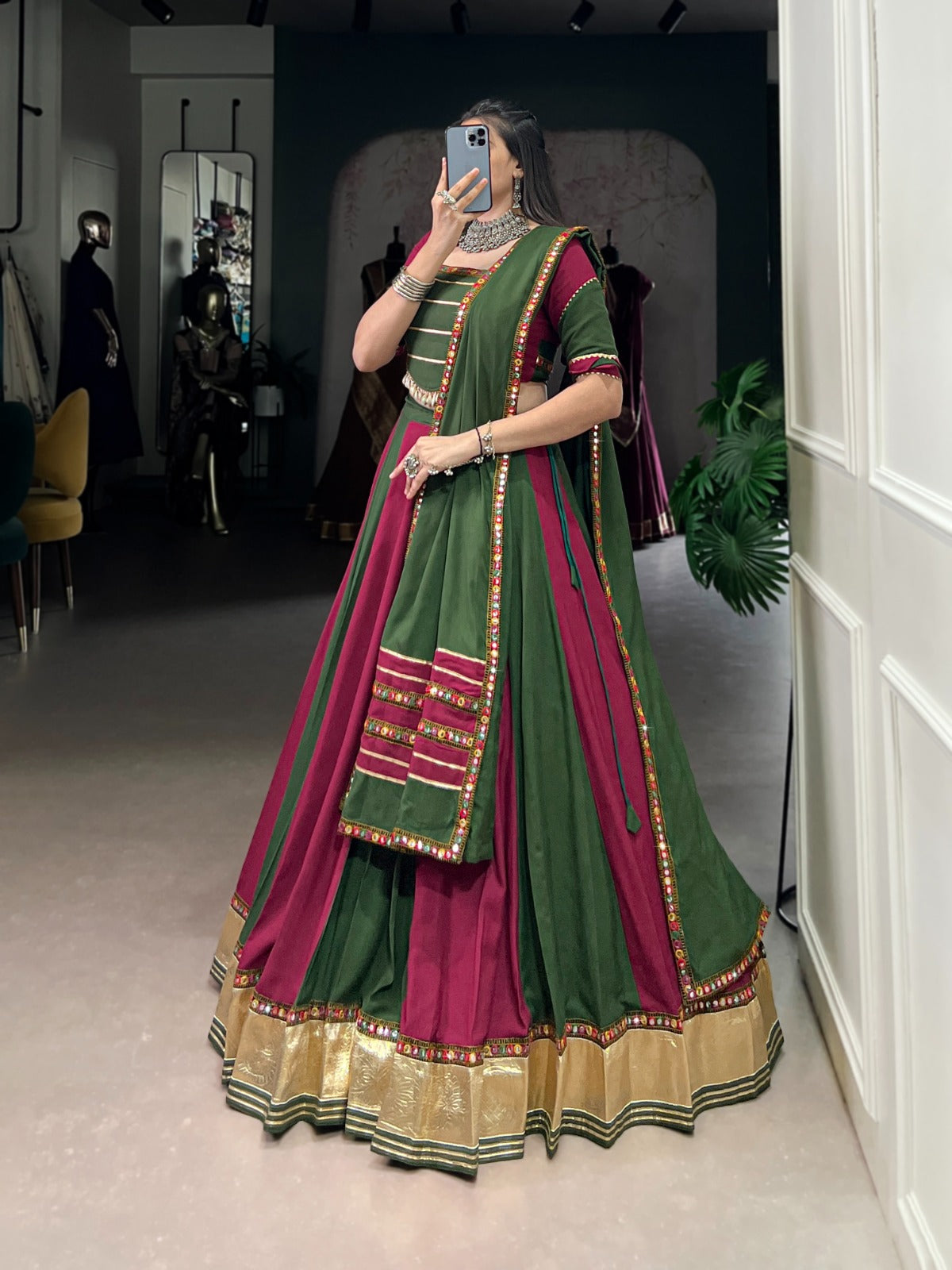 Lorenvalley Pure Rayon Embossed Design Lace With Gotta Patti And Peper Mirror Work Lace Touch Up Lehenga Choli with Dupatta | Grocsy