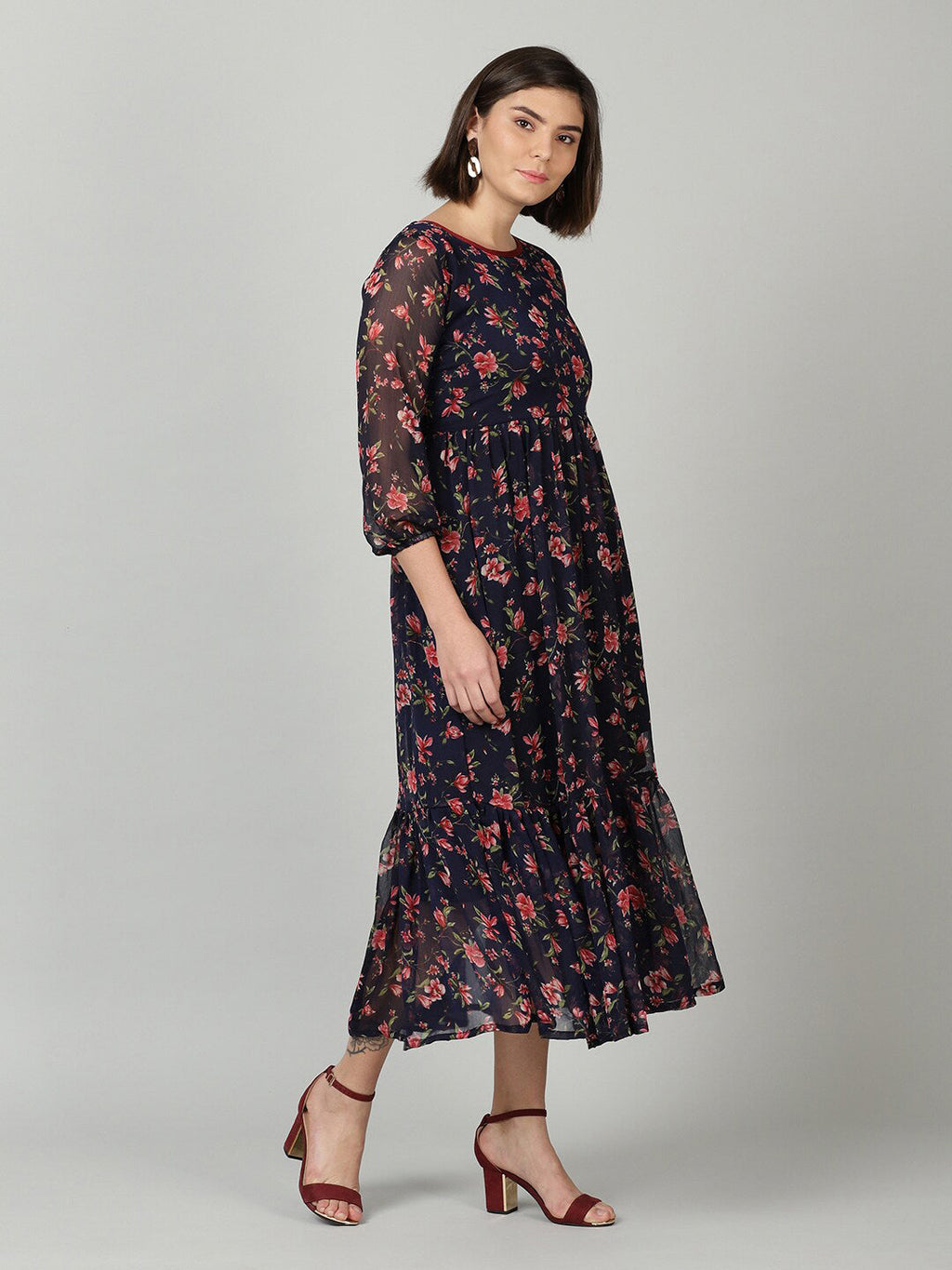 Souchii Women Navy Blue & Red Floral Chiffon A-Line Tiered Dress | Grocsy