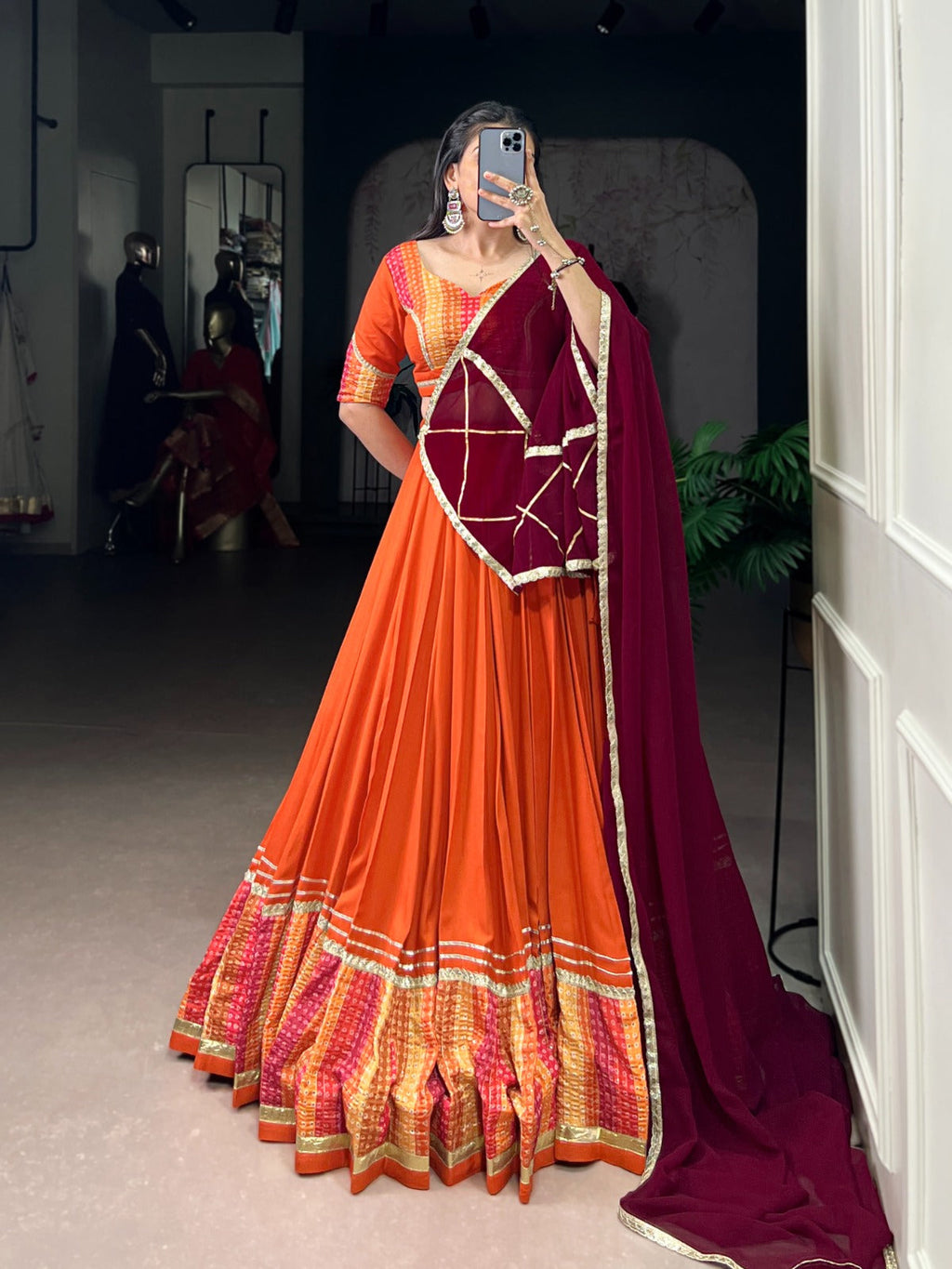 Lorenvalley Fashion Orange Pure Rayon Bandhej Print with Sequins Lace Boarder Lehenga Choli with Dupatta | Grocsy