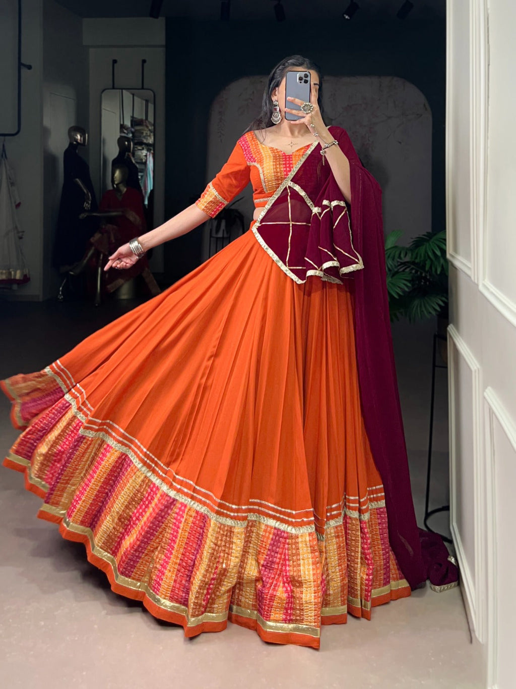 Lorenvalley Fashion Orange Pure Rayon Bandhej Print with Sequins Lace Boarder Lehenga Choli with Dupatta | Grocsy