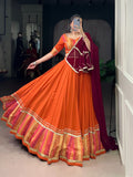 Lorenvalley Fashion Orange Pure Rayon Bandhej Print with Sequins Lace Boarder Lehenga Choli with Dupatta | Grocsy