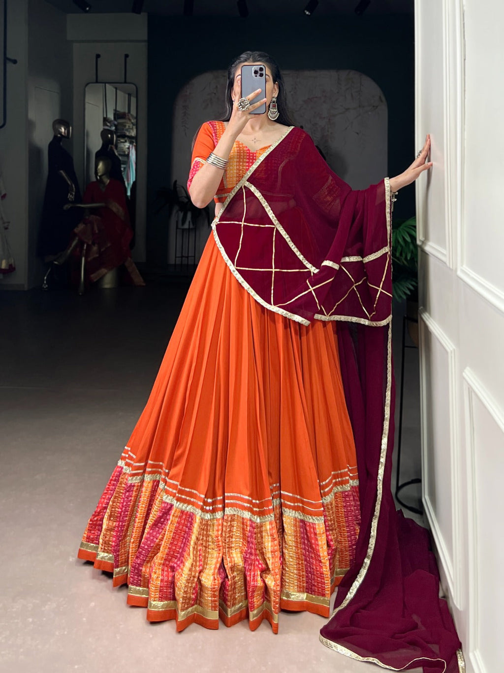 Lorenvalley Fashion Orange Pure Rayon Bandhej Print with Sequins Lace Boarder Lehenga Choli with Dupatta | Grocsy