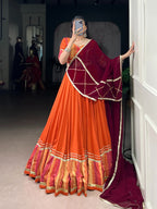 Lorenvalley Fashion Orange Pure Rayon Bandhej Print with Sequins Lace Boarder Lehenga Choli with Dupatta | Grocsy