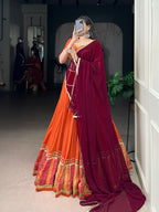 Lorenvalley Fashion Orange Pure Rayon Bandhej Print with Sequins Lace Boarder Lehenga Choli with Dupatta | Grocsy