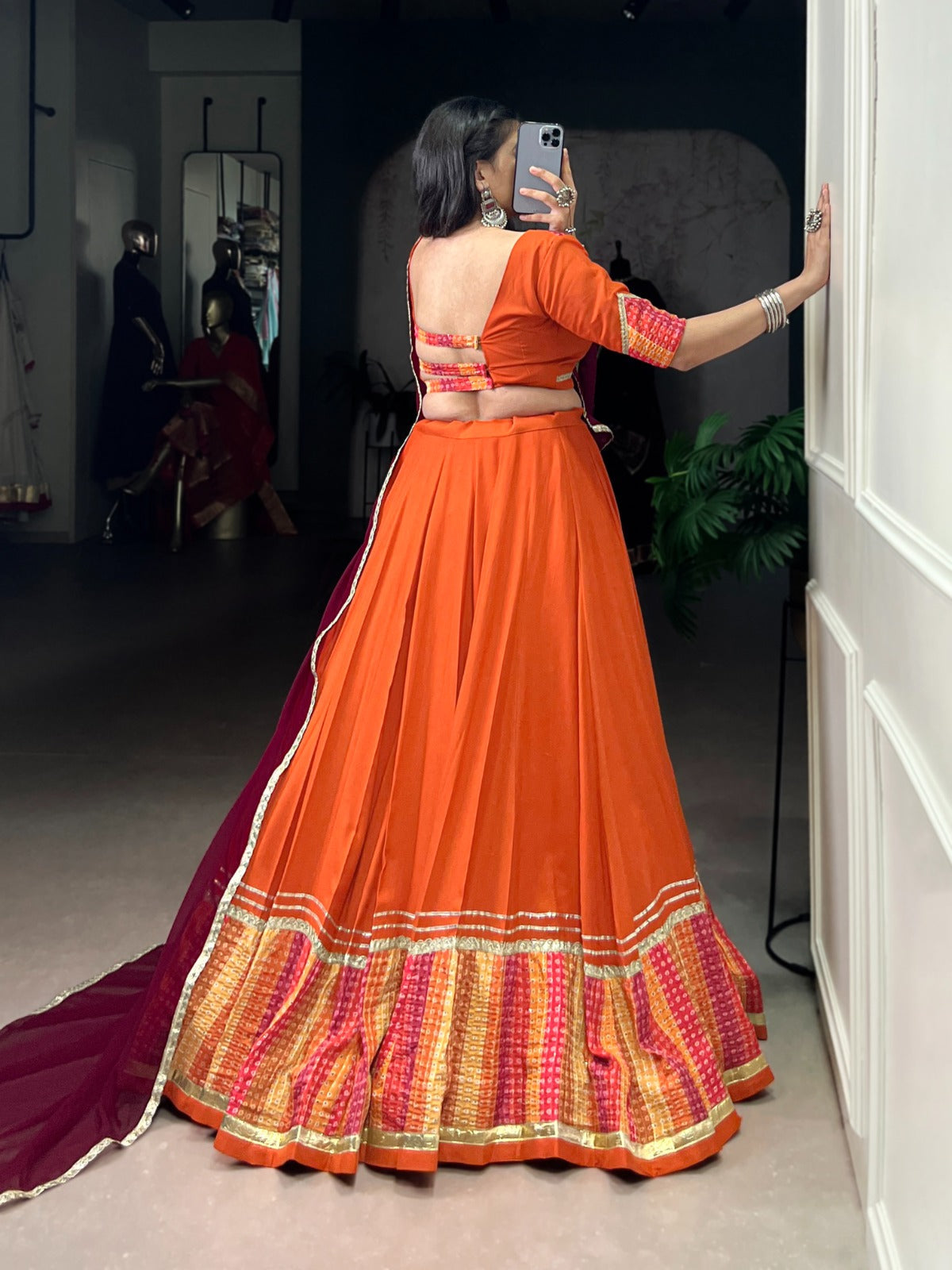 Lorenvalley Fashion Orange Pure Rayon Bandhej Print with Sequins Lace Boarder Lehenga Choli with Dupatta | Grocsy