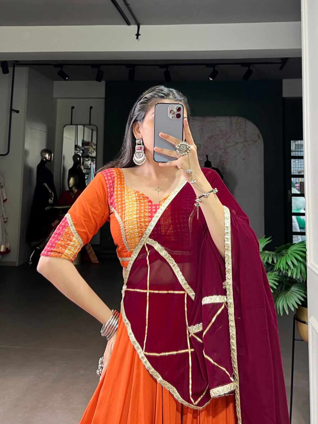 Lorenvalley Fashion Orange Pure Rayon Bandhej Print with Sequins Lace Boarder Lehenga Choli with Dupatta | Grocsy