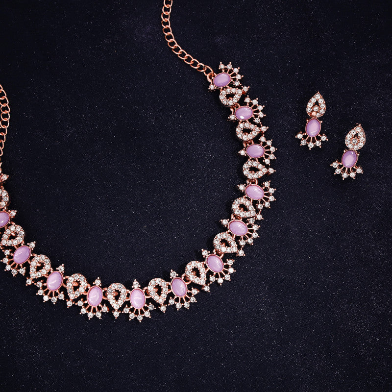 Tehzeeb Creations Lavender Colour Ad Studded Necklace Jewellery Set With Matching Earrings For Women And Girls | Grocsy