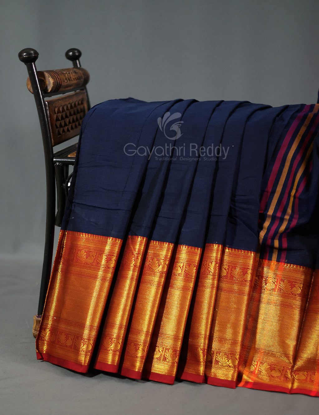 Kalanetha Navy Blue With Zari Kanchi Style Pure Narayanpet Cotton Saree By Gayathri Reddy Designer Studio | Grocsy