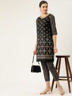 All About You Women Black & Golden Printed Sequinned Kurta with Trousers | Grocsy