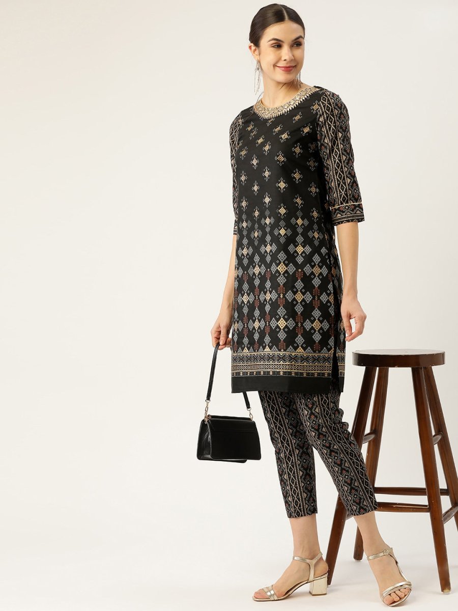 All About You Women Black & Golden Printed Sequinned Kurta with Trousers | Grocsy