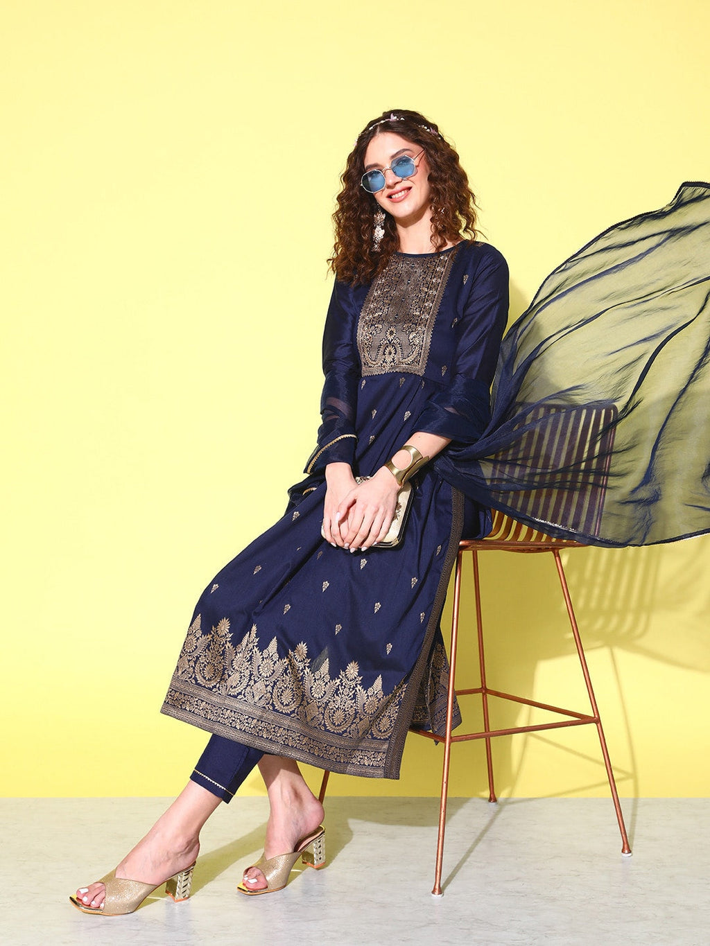 Sangria Floral Yoke Design Pleated Chanderi Silk Kurta with Trousers & With Dupatta | Grocsy