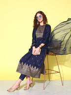 Sangria Floral Yoke Design Pleated Chanderi Silk Kurta with Trousers & With Dupatta | Grocsy