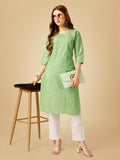 Jyoti Fashion Women's Lime Green Cotton Blend Embroidered Kurta Pant Set | Grocsy