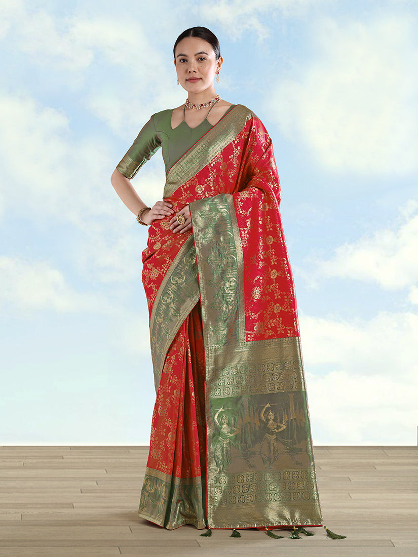 Monjolika Fashion Red Banarasi Silk Saree With Zari Woven Design | Grocsy
