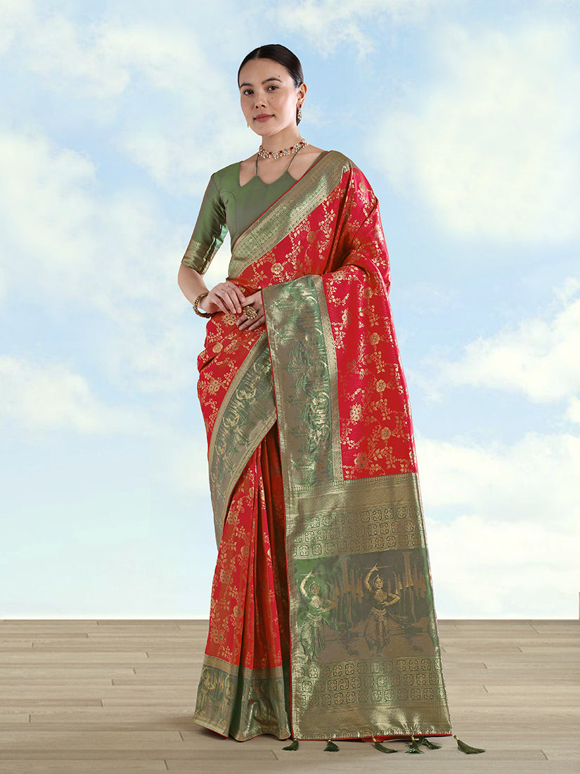 Monjolika Fashion Red Banarasi Silk Saree With Zari Woven Design | Grocsy