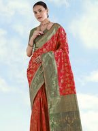 Monjolika Fashion Red Banarasi Silk Saree With Zari Woven Design | Grocsy