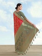 Monjolika Fashion Red Banarasi Silk Saree With Zari Woven Design | Grocsy