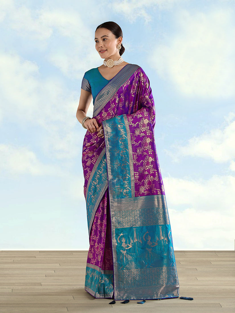 Monjolika Fashion Purple Banarasi Silk Saree With Zari Woven Design | Grocsy