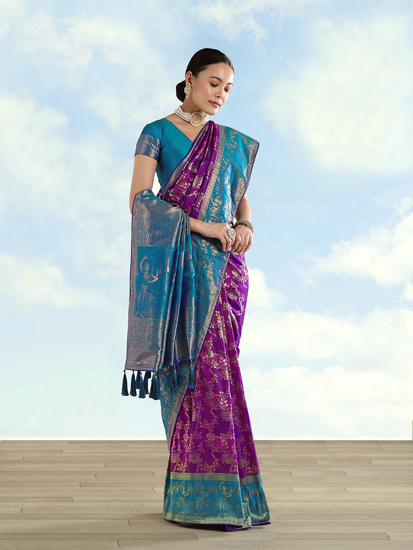 Monjolika Fashion Purple Banarasi Silk Saree With Zari Woven Design | Grocsy