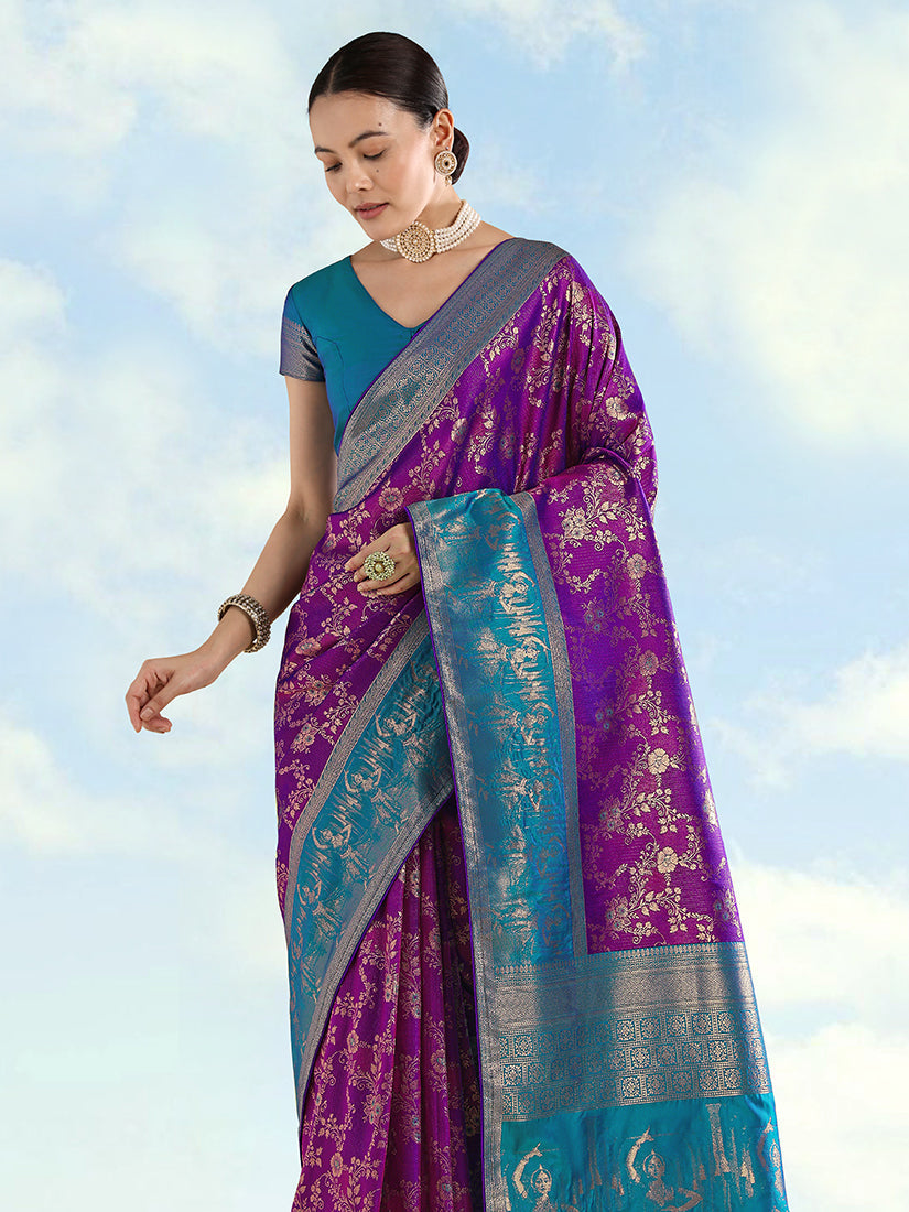 Monjolika Fashion Purple Banarasi Silk Saree With Zari Woven Design | Grocsy