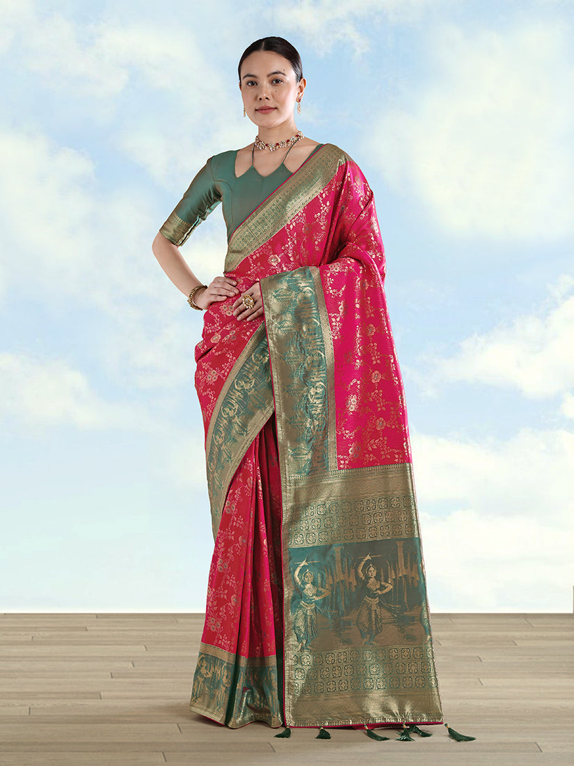 Monjolika Fashion Rani Pink Banarasi Silk Saree With Zari Woven Design | Grocsy