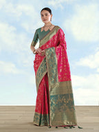 Monjolika Fashion Rani Pink Banarasi Silk Saree With Zari Woven Design | Grocsy