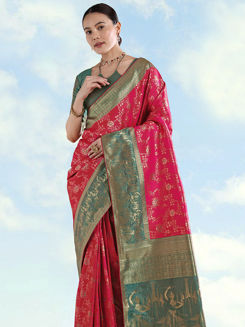 Monjolika Fashion Rani Pink Banarasi Silk Saree With Zari Woven Design | Grocsy