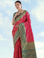 Monjolika Fashion Rani Pink Banarasi Silk Saree With Zari Woven Design | Grocsy