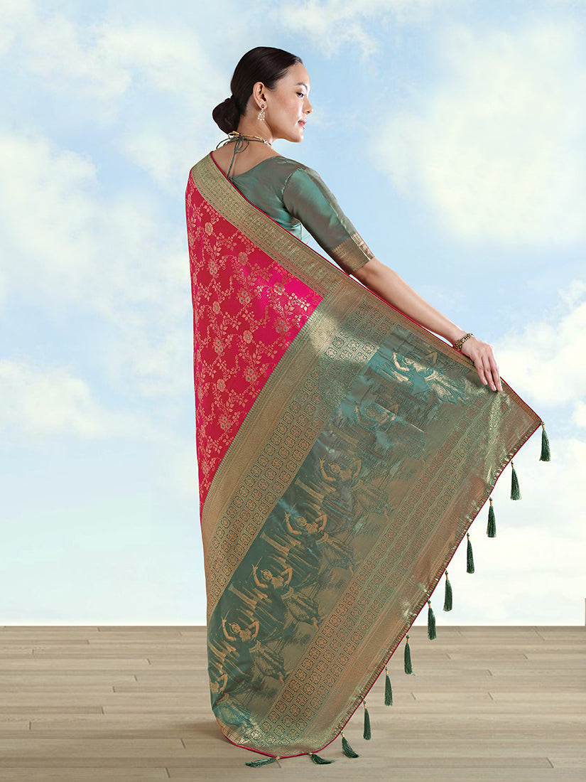 Monjolika Fashion Rani Pink Banarasi Silk Saree With Zari Woven Design | Grocsy