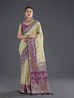 Monjolika Fashion Cream Banarasi Silk Saree With Zari Woven Design | Grocsy