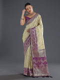Monjolika Fashion Cream Banarasi Silk Saree With Zari Woven Design | Grocsy