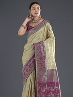 Monjolika Fashion Cream Banarasi Silk Saree With Zari Woven Design | Grocsy