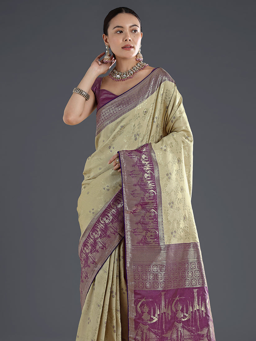 Monjolika Fashion Cream Banarasi Silk Saree With Zari Woven Design | Grocsy