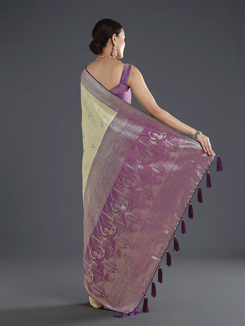 Monjolika Fashion Cream Banarasi Silk Saree With Zari Woven Design | Grocsy